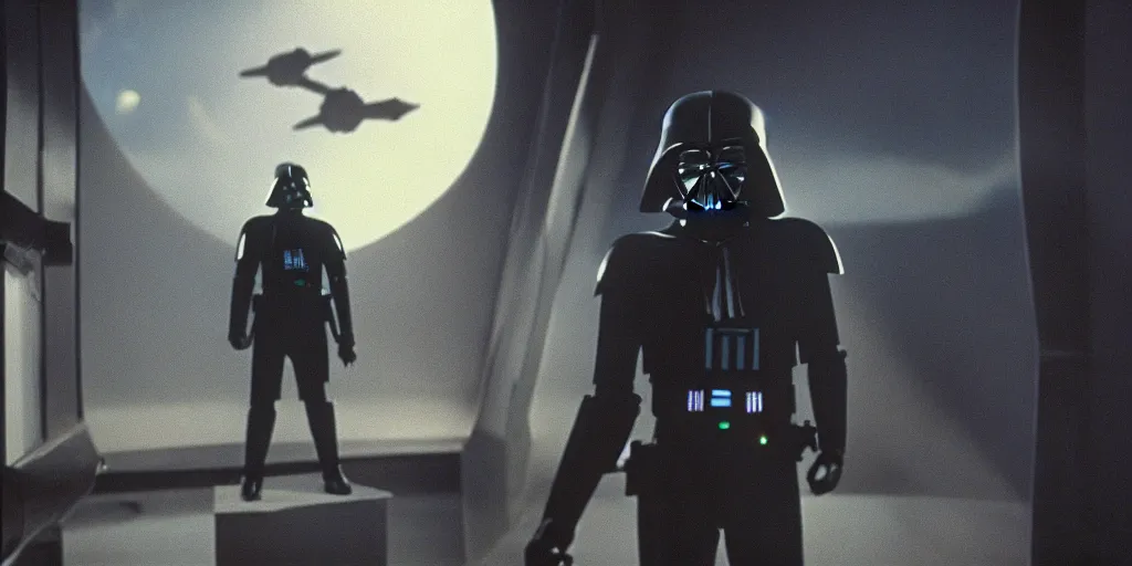 Image similar to a still from a film of a dark figure standing in front of a large window with a live action Star Wars space battle, 35mm, directed by George Lucas, miniatures, ILM