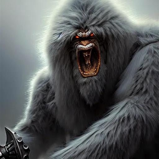 Image similar to d & d concept art matte painting yeti warrior in the style of stefan kostic, realistic, sharp focus, 8 k high definition, insanely detailed, intricate, mysterious, art by stanley lau and artgerm and luis royo