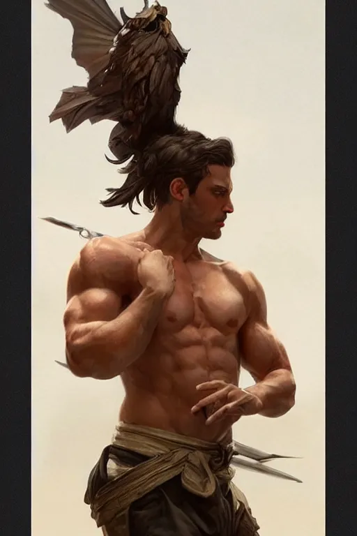 Image similar to Young man, no beard, muscular upper body, D&D, fantasy, realistic physic, accurate hyper-realistic body, elegant, highly detailed, digital painting, artstation, concept art, smooth, sharp focus, illustration, art by artgerm and greg rutkowski and alphonse mucha