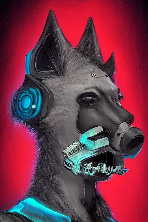 Image similar to digital painting of anthromorphic hyena female smoking cigarrete in cyberpunk style, fursona, furry fandom, neon rainy cyberpunk setting, anthro, wearing cyberpunk leather jacket, detailed face,