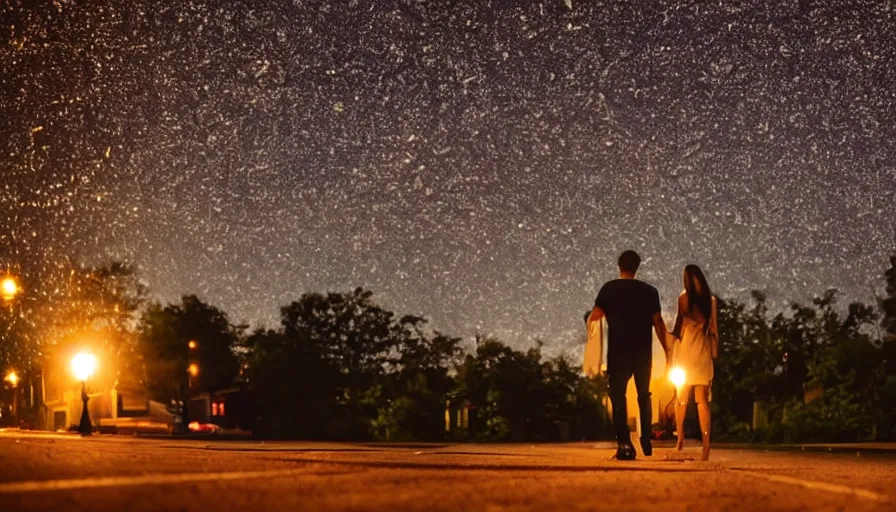 Prompt: couple walking down the street surrounded by fireflies, cinematic lighting, wow, establishing shot