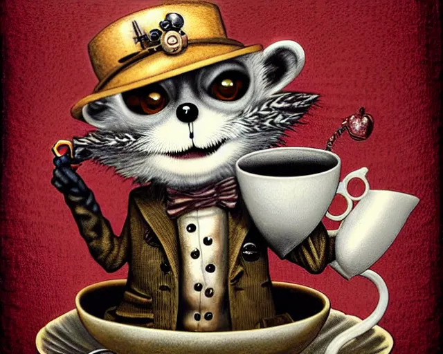 Image similar to an steampunk lemur having a cup of tea, by donato gioncola, mark ryden