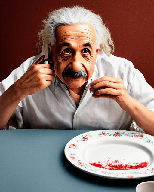 Image similar to a portrait of albert einstein sitting at the dining table with a plate containing red velvet cake in front of him, highly detailed, trending on artstation, bokeh, 9 0 mm, f / 1. 4