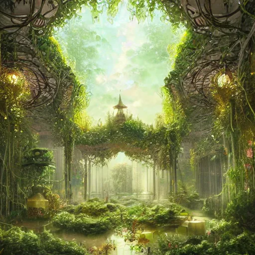 Image similar to dreamy landscape in an ornate baroque aya takano-inspired dream palace sparkle courtyard overgrown with vines, surrounded by cute forest scenery with various futuristic exobiome-related buildings, beautiful surrealism oil painting, trending on artstation