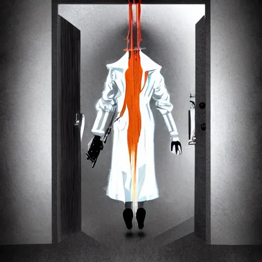 Prompt: an academic wearing a white trench coat with 6 arms sticking out on all sides, looking out of a doorway. four arms have lazer guns, one has a rifle, and one has a broken piece of a door. artstation. dramatic digital art.
