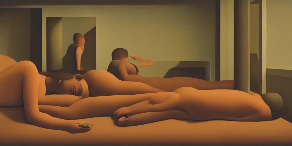 Image similar to sleeping lady in a dark room in heatwave, oil painting by george tooker