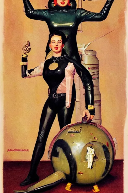 Image similar to 5 0 s pulp scifi fantasy illustration full body portrait elegant woman wearing latex spacesuit standing beside monster, by norman rockwell, edd cartier, roberto ferri, tom lovell, frank r paul, dean cornwell, astounding stories, amazing, fantasy, other worlds