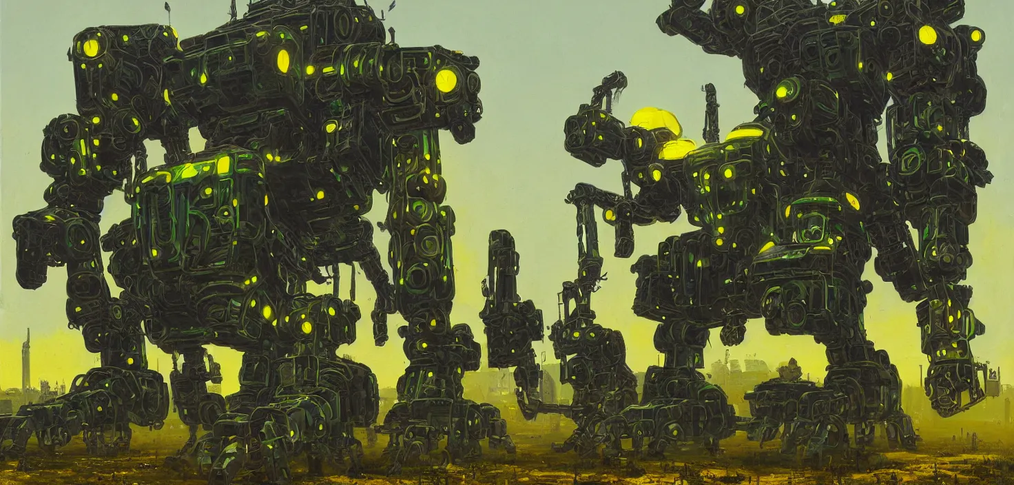Prompt: an intricate oil painting of a giant armored metal mecha by simon stalenhag, green, yellow and black trim