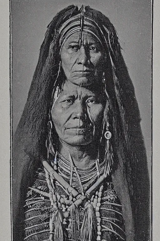 Image similar to “19th century wood engraving of a Native American indian woman, portrait, Nanye-hi Beloved Woman of the Cherokee, wearing a papoose showing pain and sadness on her face, ancient”