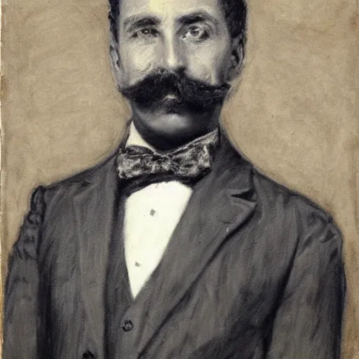 Prompt: action hero, suit, bow tie, mustache, by alfred stevens in charcoal