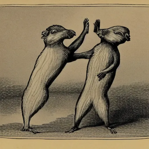 Prompt: 1800s field-journal style line art of two muskrats slow-dancing, very detailed