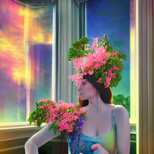 Image similar to giant flower under head, woman next to modern windows, luxury apartment, surreal photography, dramatic light, impressionist painting, digital painting, artstation, arthur adams