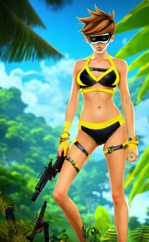 prompthunt: tracer game character, in yellow bikini, blonde hair