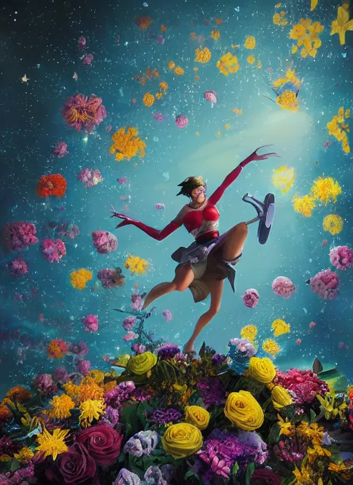 Image similar to An epic fantastic realism comic book style painting of the most beautiful expanding flowers launched across the dark and starry universe, floating bouquets, fisheye lens, unreal 5, DAZ, hyperrealistic, octane render, dynamic lighting