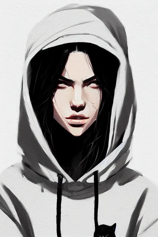 Image similar to a ultradetailed portrait painting of a stylish woman in a oversized hoodie, she has a wolfcut, by conrad roset, greg rutkowski and makoto shinkai trending on artstation