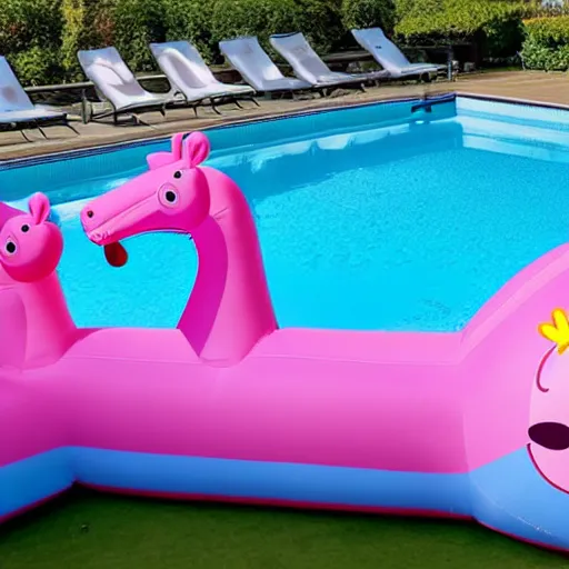 Prompt: a large inflatable float of Peppa Pig in a luxury hotel swimming pool