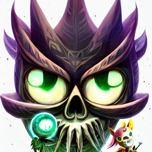Prompt: a logo of the happy mask salesman majora's mask skull kid, art by lois van baarle and loish and ross tran and rossdraws and sam yang and samdoesarts and artgerm and saruei and disney, digital art, highly detailed, intricate, sharp focus, trending on artstation hq, deviantart, unreal engine 5, 4 k uhd image