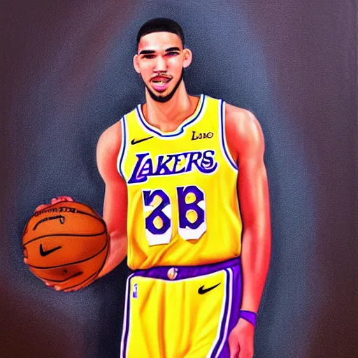 Prompt: jayson tatum in los angeles lakers jersey, holding the larry o'brien trophy, portrait by william sidney mount, oil on canvas, trending on artstation, hyper realistic