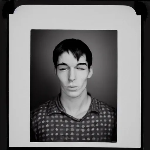 Prompt: a professional polaroid portrait fine art photo in the style of gilbert and george of a young adult man with an asymmetrical face with his eyes closed. the man has black hair, light freckled skin and a look of confusion on his face. extremely high fidelity. key light. in the style of gilbert & george.