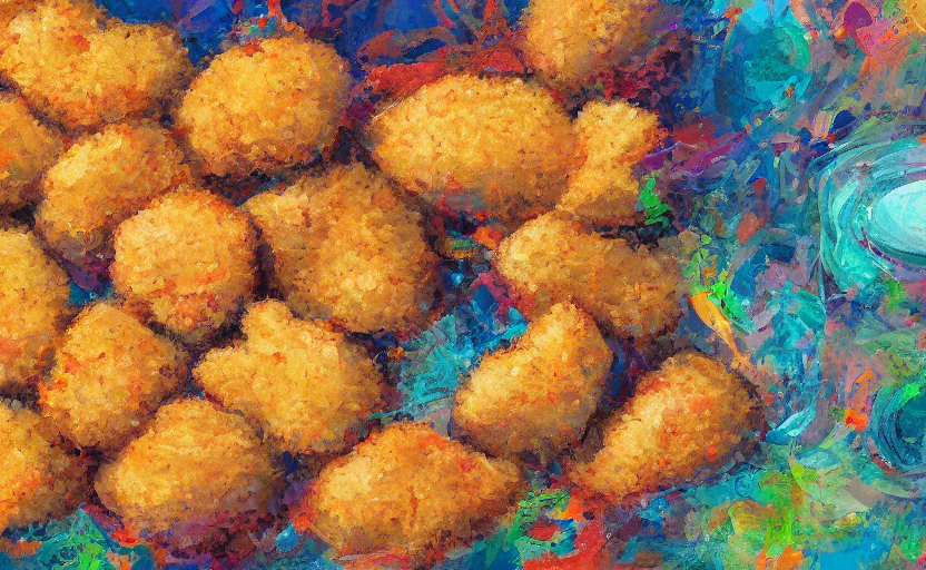 Image similar to chicken nugget, digital painting, expressionistic, intricate detail, meticulous brush strokes, genius composition, masterpiece, work of art, 4k wallpaper