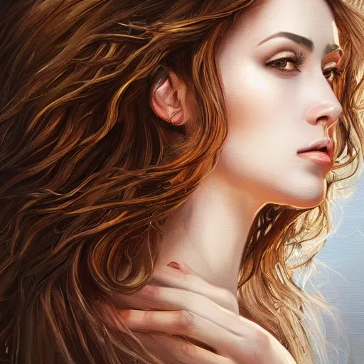 Image similar to beautiful portrait face centre oil on canvas of brunette with wavy hair Ebru Şahin, Reyyan, intricate, elegant, highly detailed, artstation, concept art, sharp focus, art by Alina Ivanchenko, Rob Ross, WLUP, artgerm