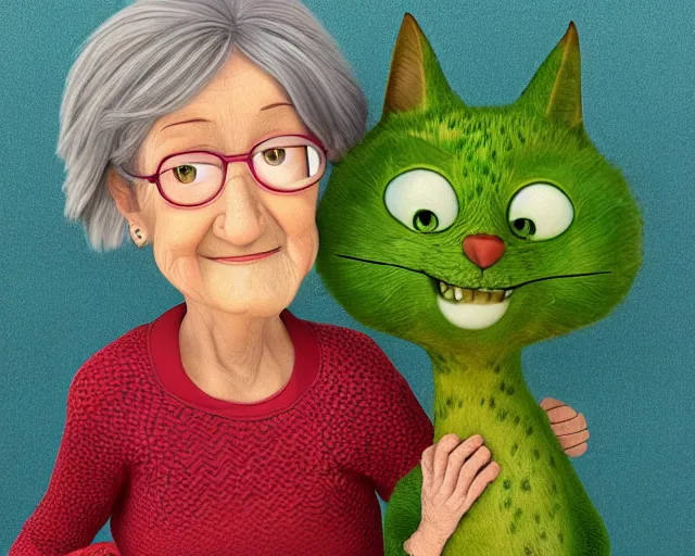 Image similar to detailed cartoon portrait of an old lady and her plant cat, pixar, sharp high quality