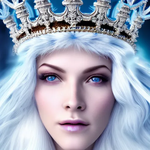 Image similar to beautiful ice queen with ornate crown and robes highly detailed, 4k, HDR, smooth, sharp focus, hyper realistic, high resolution