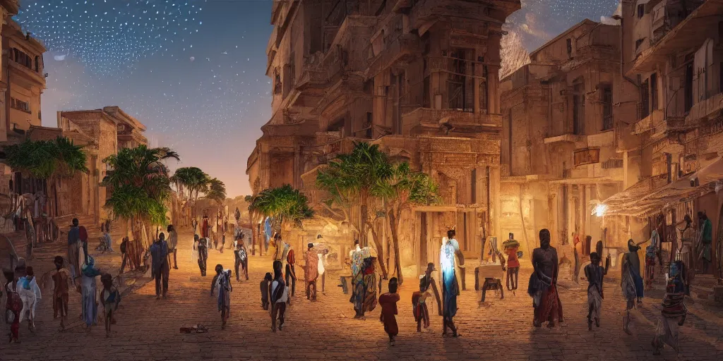 Prompt: painting of an old african city with a mix of traditional african and egyptian architecture, tiny glowing lights hovering between houses, people flying in the skies above, people talking in the streets and greenery growing between the buildings, photoreal, trending on artstation