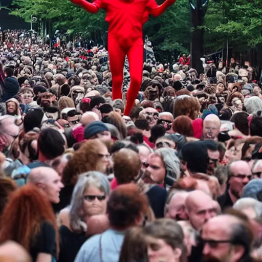 Image similar to a 7 0 foot tall red - haired man walking among the crowd