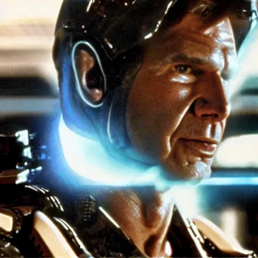 Image similar to movie still, 1 9 8 0 s, harrison ford as armored alien hunter, hyperdetailed, blue leds