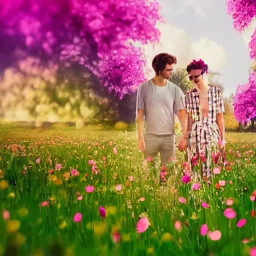 Prompt: a couple holding hands in a field of flowers, symmetrical face, beautiful, vfx, photo realistic, 8 k, aesthetic