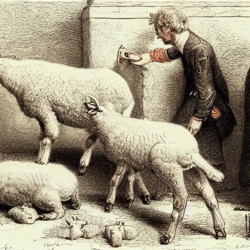 Image similar to gordon ramsey salivating over lambs, etching by gustave dore, colorful flat surreal, ethereal, intricate, sharp focus, illustration, highly detailed, digital painting, concept art, masterpiece