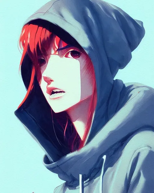 Image similar to a ultradetailed painting of a stylish girl in a oversized hoodie by conrad roset, greg rutkowski and makoto shinkai trending on artstation