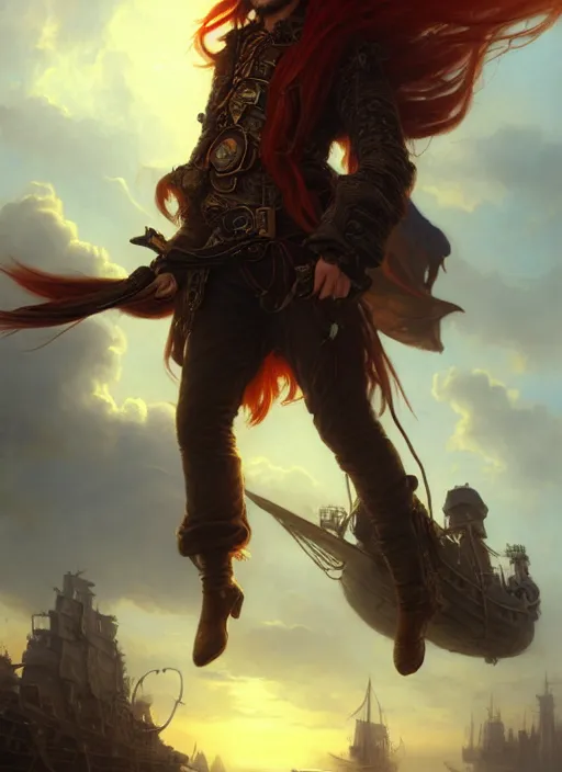 Image similar to portrait painting of a long hair red hair male pirate in front of steampunk airship in the sky by raphael lacoste and stephan martiniere greg rutkowski gaston bussiere fantasy soft hair trending on artstation key art dramtic volumetric lighting, 4 k, award winning