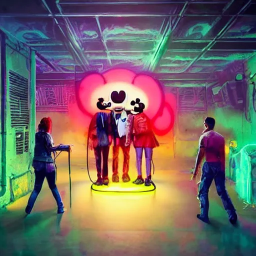 Image similar to a group of people standing around a giant bloody wounded head of mickey mouse, neon netflix logo, cyberpunk art by david lachapelle, cgsociety, sots art, dystopian art, reimagined by industrial light and magic, dark obscure neon concept art