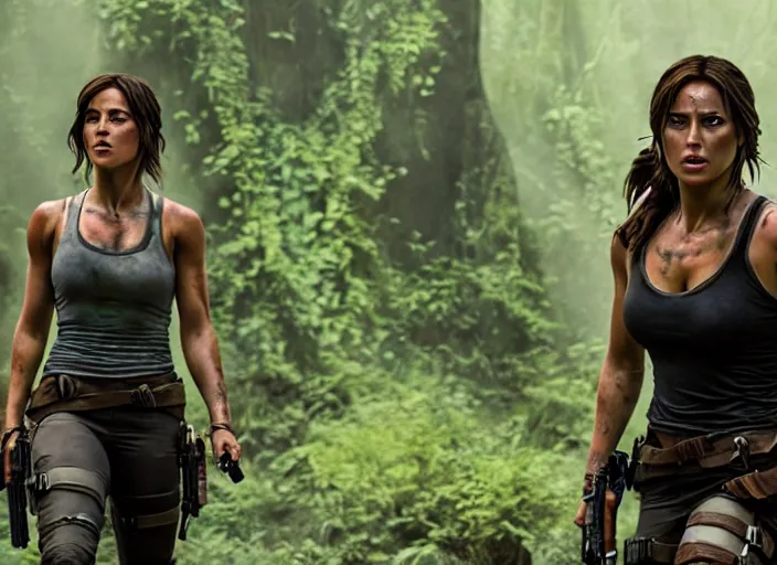 Image similar to film still of!!!! chloe bennett!!! as lara croft in new tomb raider movie, 8 k