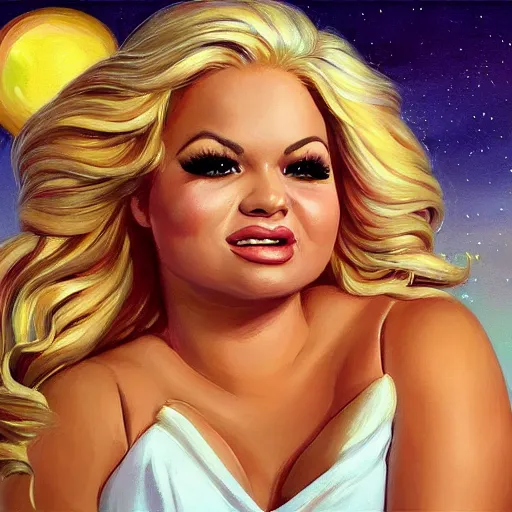 Image similar to clear portrait of trisha paytas, adorable appearance!!!, golden hour, happy apearance, cottagecore!!, background hyper detailed, character concept, full body, dynamic pose, intricate, elegant, highly detailed, digital painting, artstation, concept art, smooth, sharp focus, illustration, art by artgerm and greg rutkowski and alphonse mucha