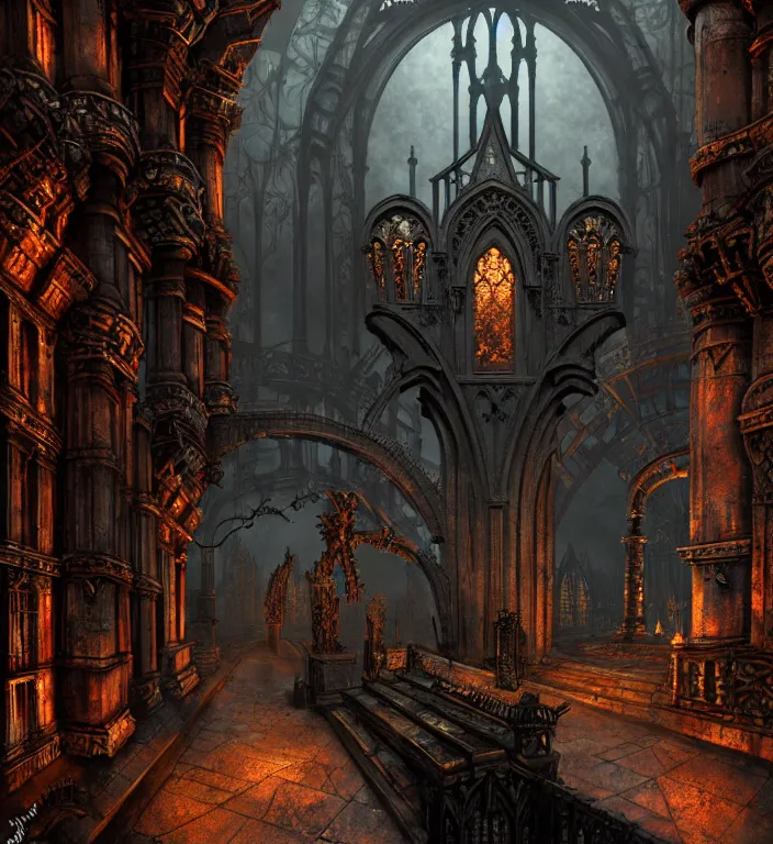 Image similar to steam necropolis, memento mori, gothic, neo - gothic, art nouveau, hyperdetailed copper patina medieval icon, stefan morrell, philippe druillet, ralph mcquarrie, concept art, steampunk, unreal engine, detailed intricate environment, octane render, moody atmospherics, volumetric lighting, ultrasharp, ominous, otherworldly