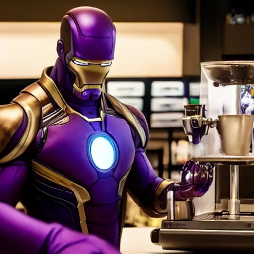 Prompt: thanos working at starbucks serving a latte to iron man, ultra realistic, 8 k, cinematic