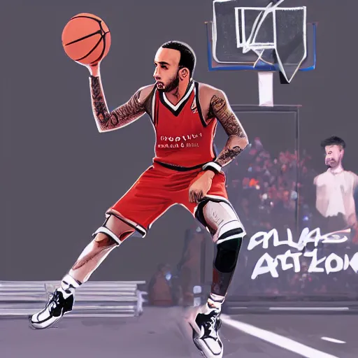 Image similar to Lewis Hamilton playing basketball, photo, trending on artstation