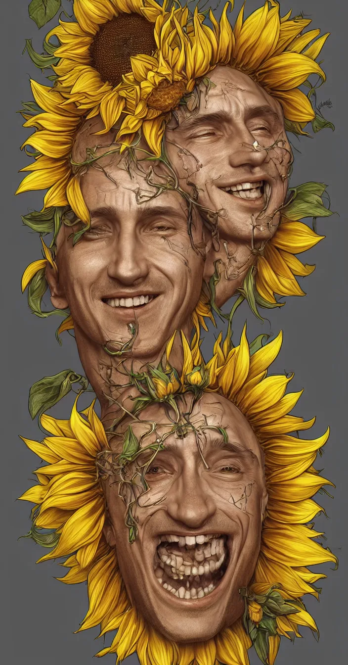 Image similar to digital art, centered full body of young any old Putin smiling king, Sunflower crown, ,intricate, veins, by James Jean and by artgerm , by ross tran ultradetailed, charachter design, concept art, trending on artstation,