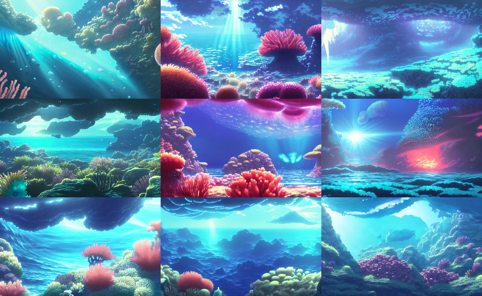 Prompt: an anime movie background matte painting of an underwater ocean reef, sea floor, caustics and god rays, coral, glowing jellyfish, fish, anemones, seaweed, by makoto shinkai, trending on artstation, highly detailed