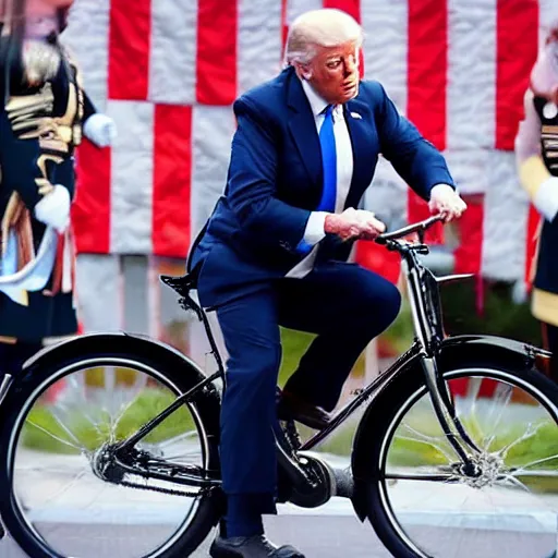 Prompt: full body shot ultra realistic photo of joe biden falling off of his bike in front of donald trump, film, perfect face, in the style of a candid photo, perfect face