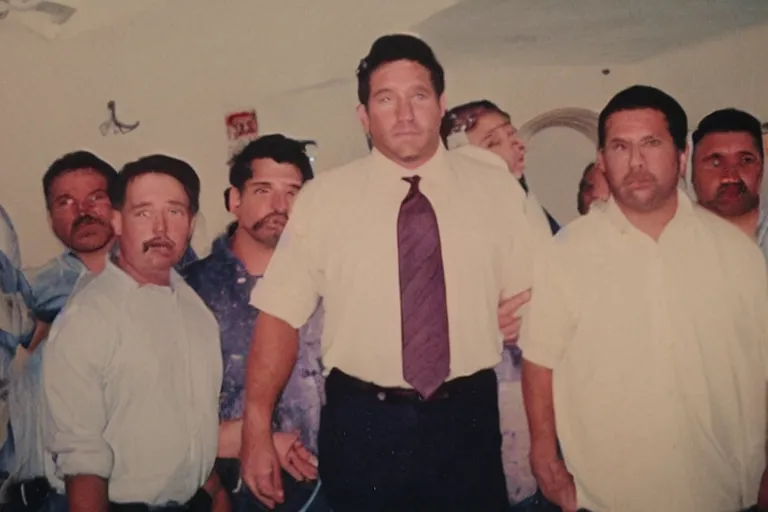 Image similar to Ron DeSantis held hostage by Mexican cartels, color 35mm film