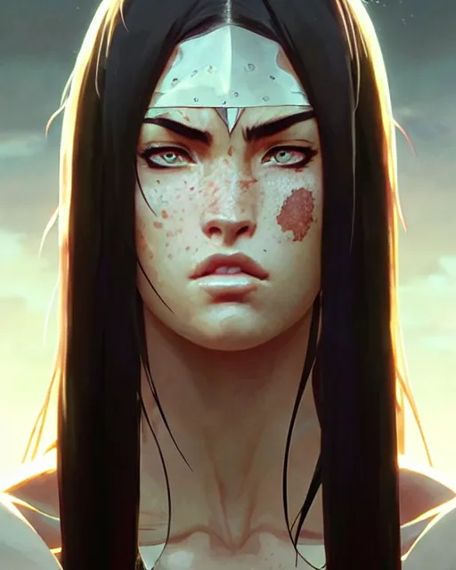 Image similar to azctec warrior, megan fox, detailed perfect face, exquisite details, fire magic, by studio muti, greg rutkowski makoto shinkai takashi takeuchi studio ghibli