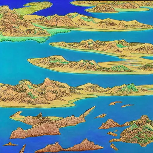 Image similar to a beautiful painting of a lake with many islands connected by bridges by hirohiko araki, detailed line art, jojos bizarre adventure