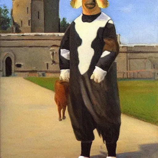 Image similar to painting by zorn, cow, dressed, anthropomorphic!!, wearing!!! clothes!!! jeans!!! standing next to royal castle!!