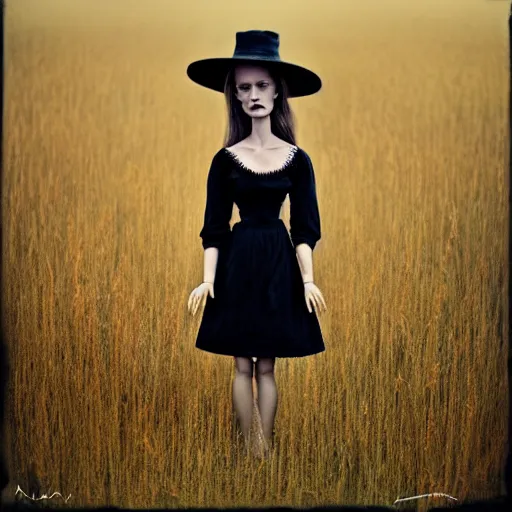 Image similar to a girl standing in a field, alone, wearing black dress and hat, doll in hand, detailed hands, by andrea kowch, dark, scene, magic realism, flowers