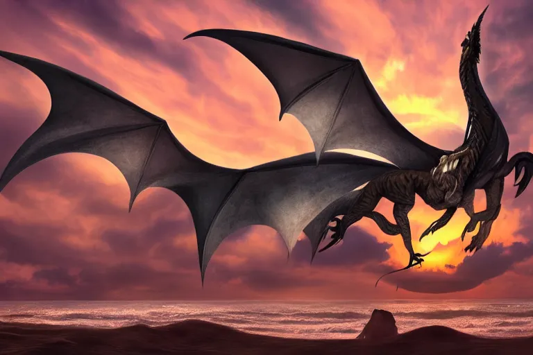 Prompt: beautiful occult dragon flying over the sunset on a beach, trending on Artstation, visually stunnnig, matte painting, award-winning