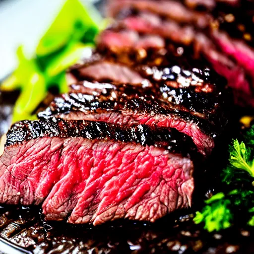 Prompt: explosion wagyu steak perfect sear macro gourmet food photography